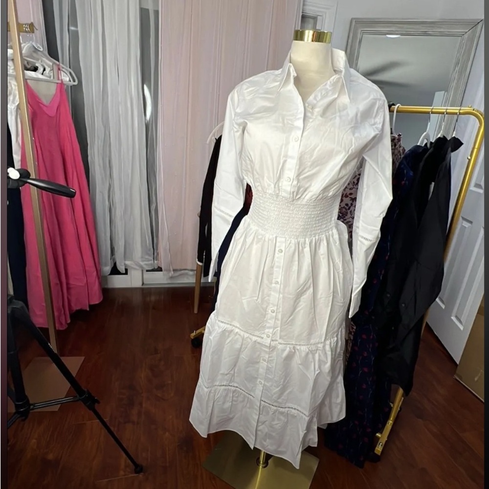 Thakoon white smocked waist maxi dress with ladder trim